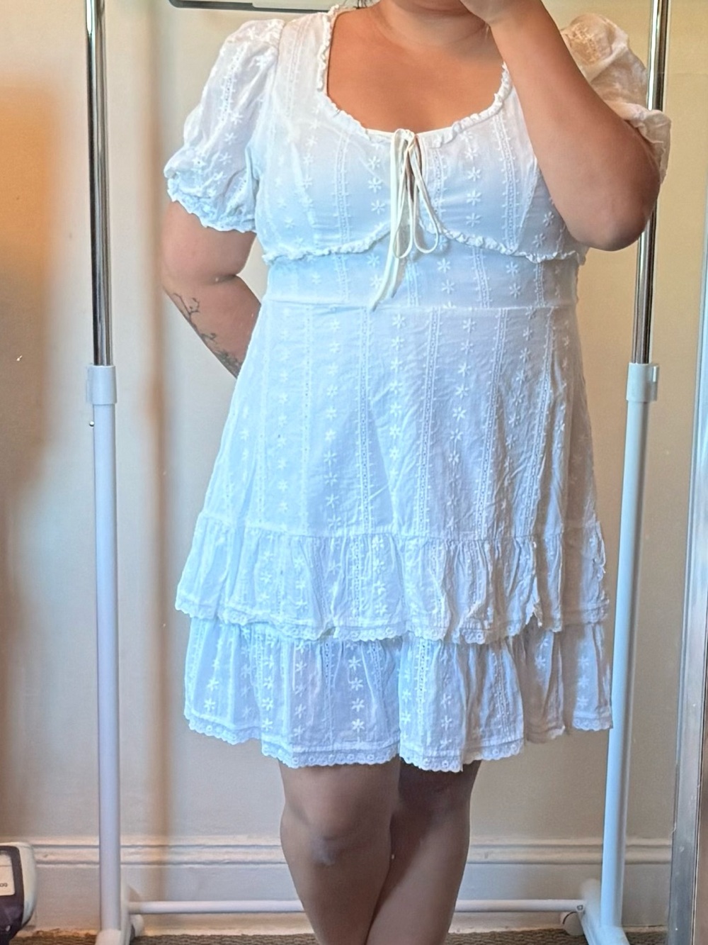 White Eyelet Tiered Mini Dress with Puff Sleeves